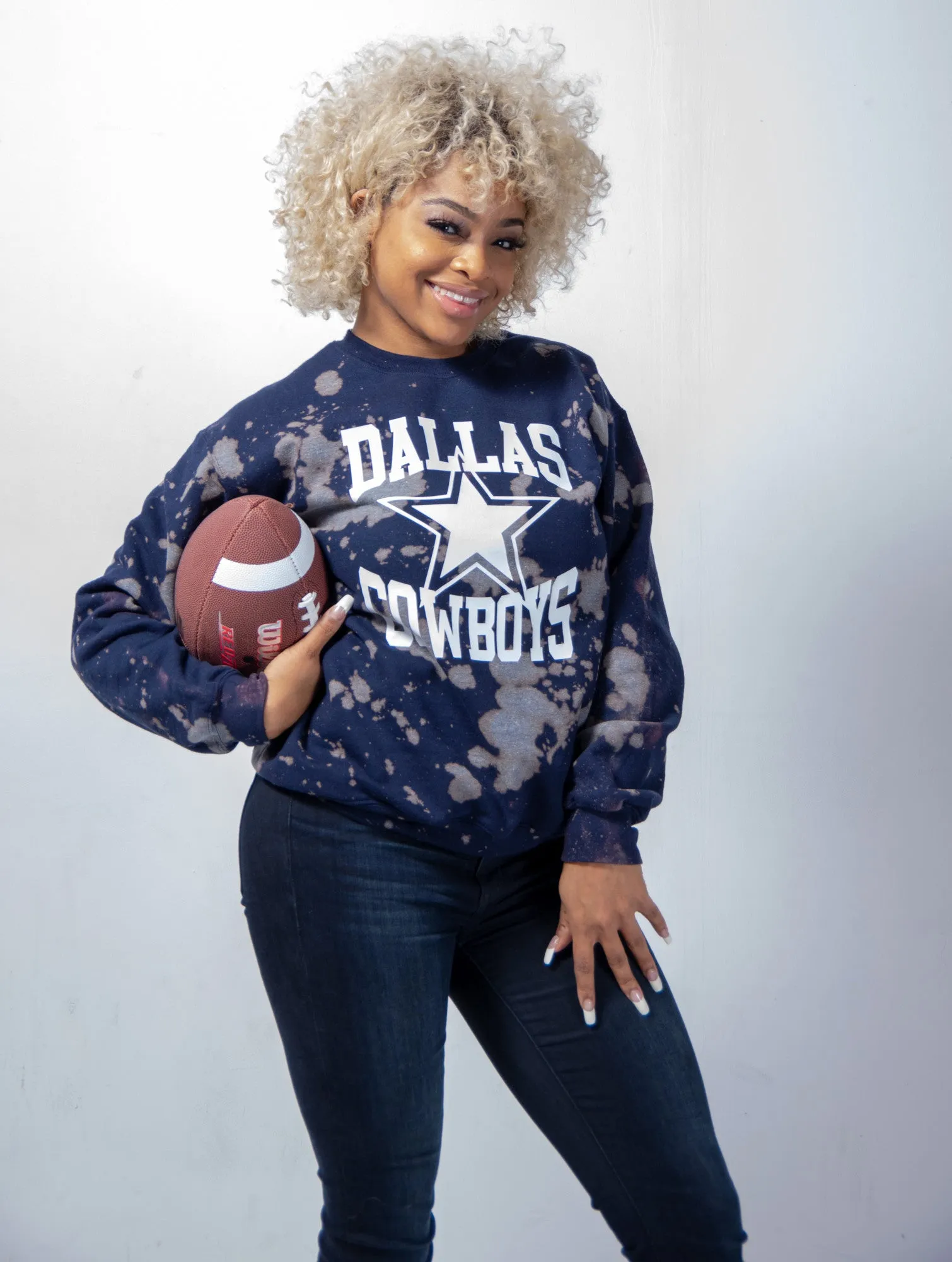 Handmade Dallas Cowboys Navy White Star Hand Bleached Unisex Sweatshirt