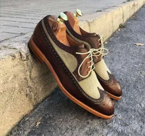 Handmade Men's Beige Brown Leather Suede Lace Up  Wing Tip Shoe