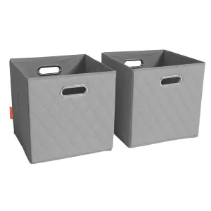 JIAessentials 11 inch Foldable Diamond Patterned Faux Leather Storage Cube Bins Set of Two with Dual Handles - 11" Gray