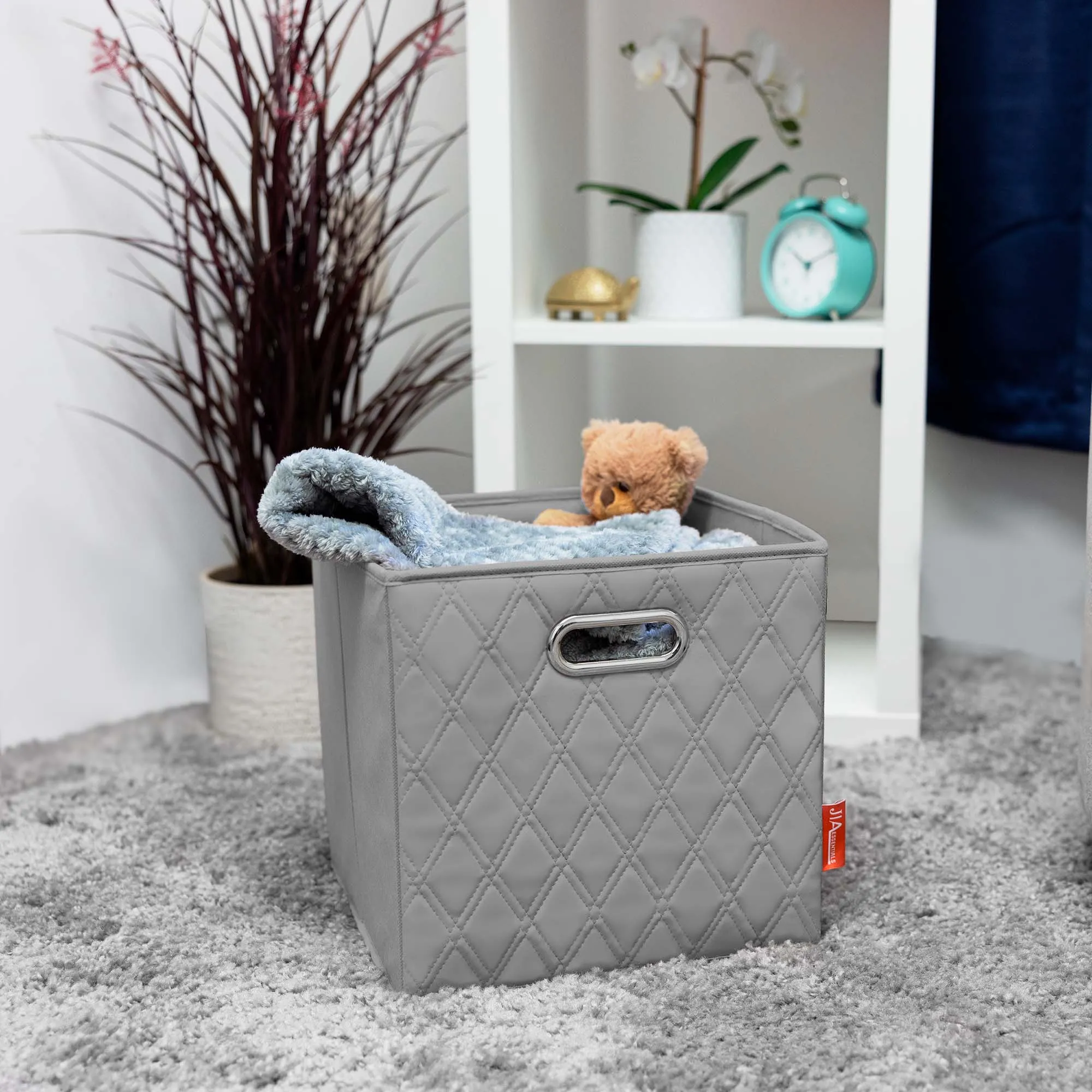 JIAessentials 11 inch Foldable Diamond Patterned Faux Leather Storage Cube Bins Set of Two with Dual Handles - 11" Gray