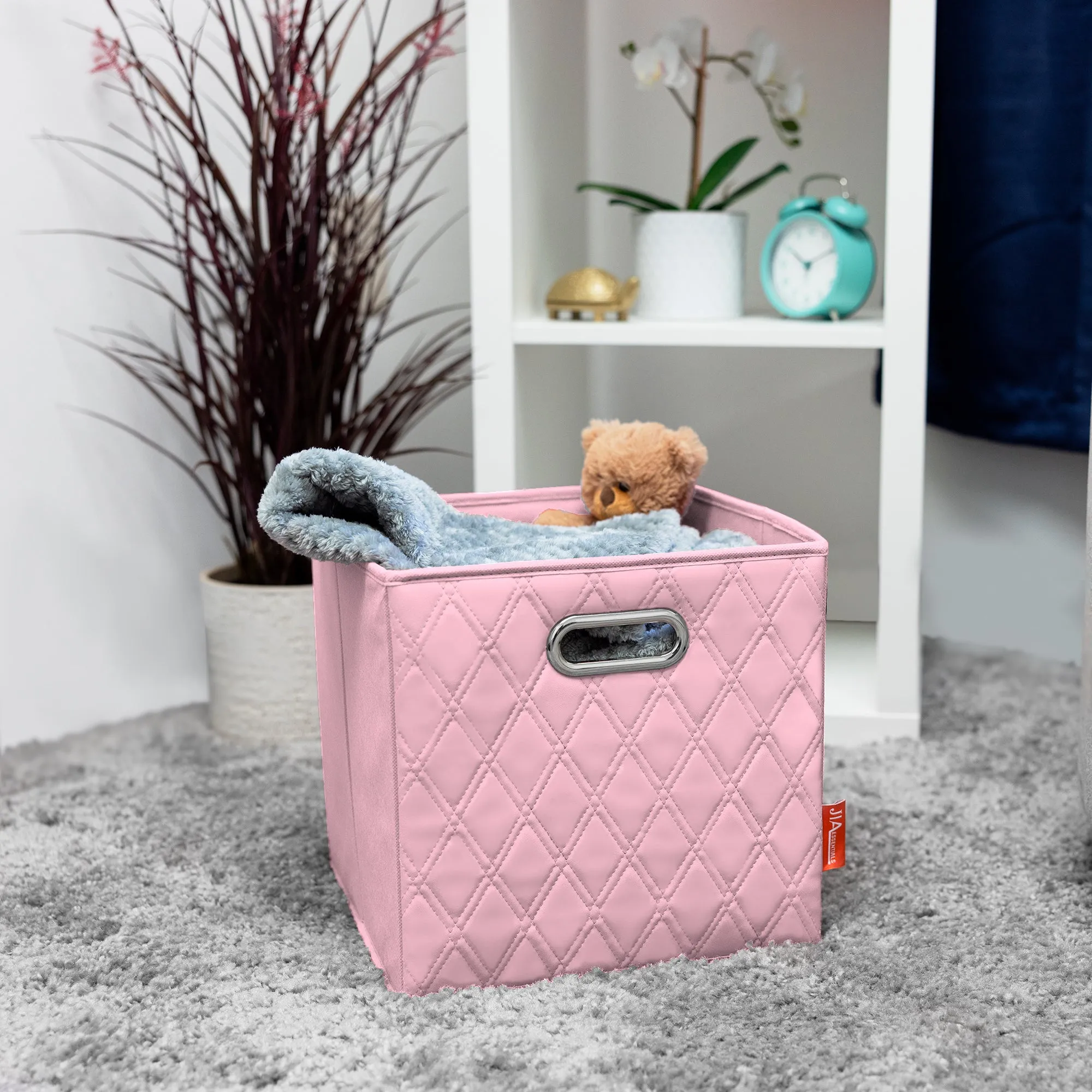 JIAessentials 12 inch Foldable Diamond Patterned Faux Leather Storage Cube Bins Set of Two with Dual Handles - 12" Pink