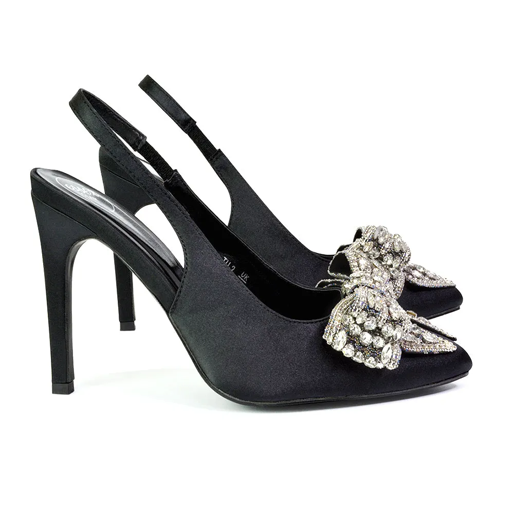 Kimmy Diamante Bow Pointed Toe Court Shoes Stiletto High Heels in Black