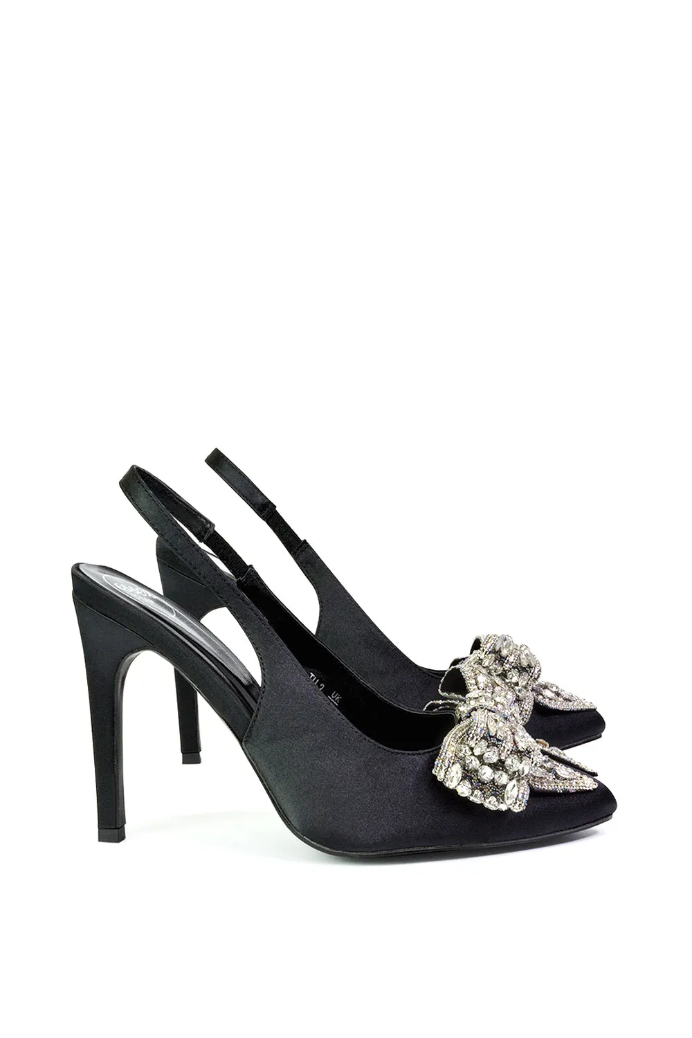 Kimmy Diamante Bow Pointed Toe Court Shoes Stiletto High Heels in Black