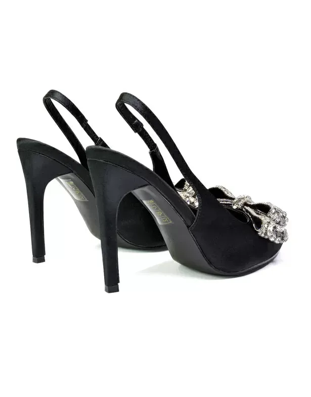 Kimmy Diamante Bow Pointed Toe Court Shoes Stiletto High Heels in Black