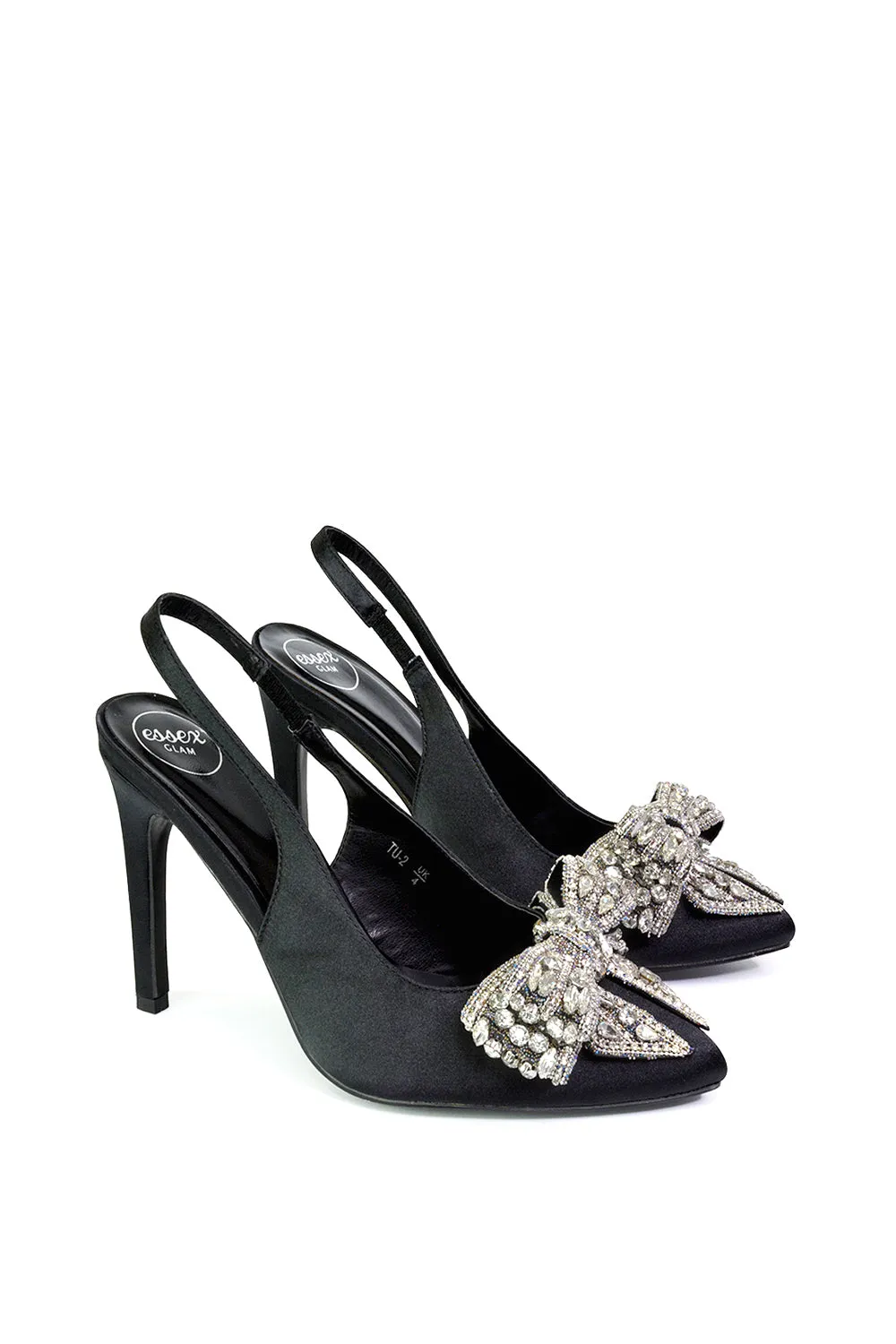 Kimmy Diamante Bow Pointed Toe Court Shoes Stiletto High Heels in Black