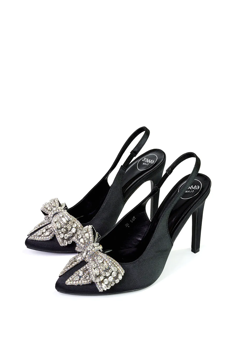 Kimmy Diamante Bow Pointed Toe Court Shoes Stiletto High Heels in Black