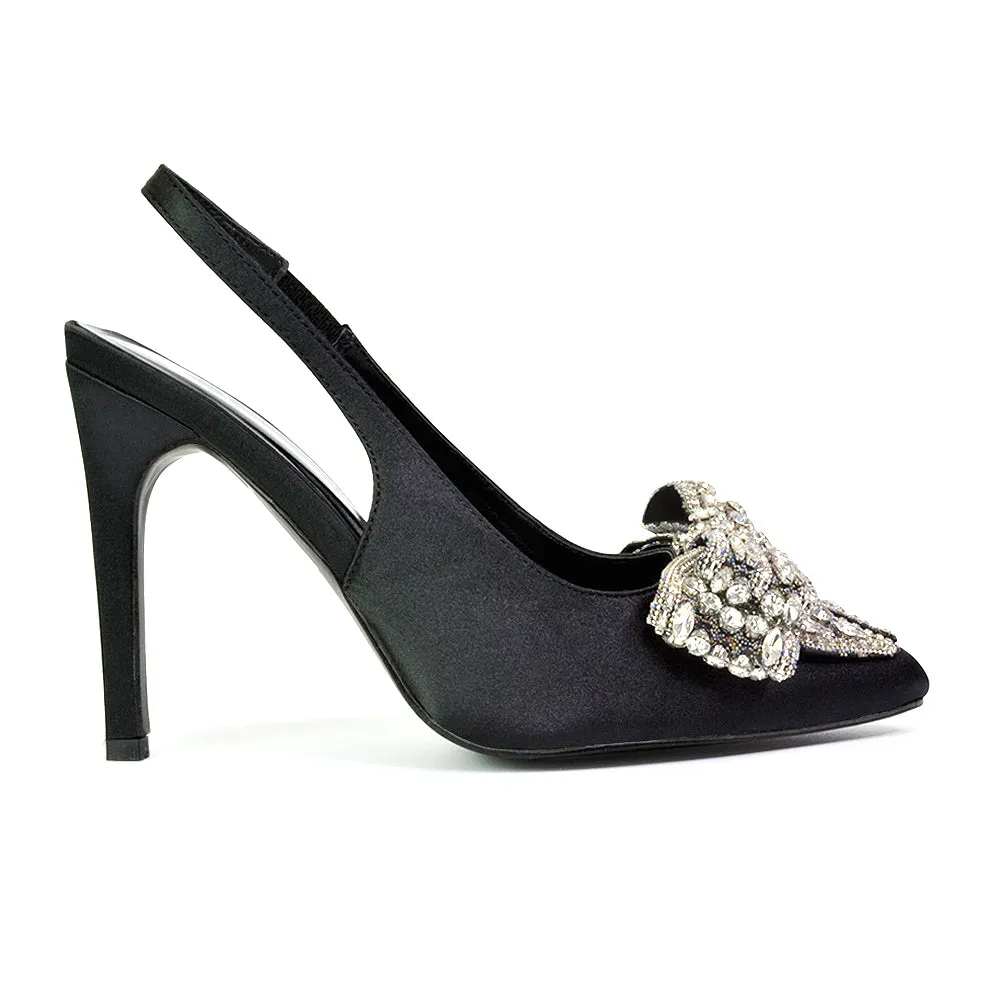 Kimmy Diamante Bow Pointed Toe Court Shoes Stiletto High Heels in Black