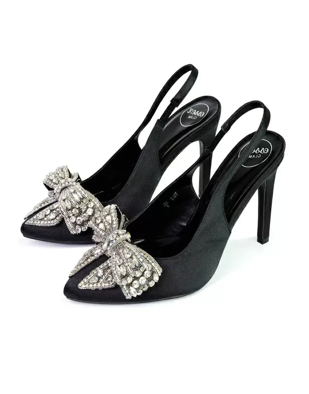 Kimmy Diamante Bow Pointed Toe Court Shoes Stiletto High Heels in Black