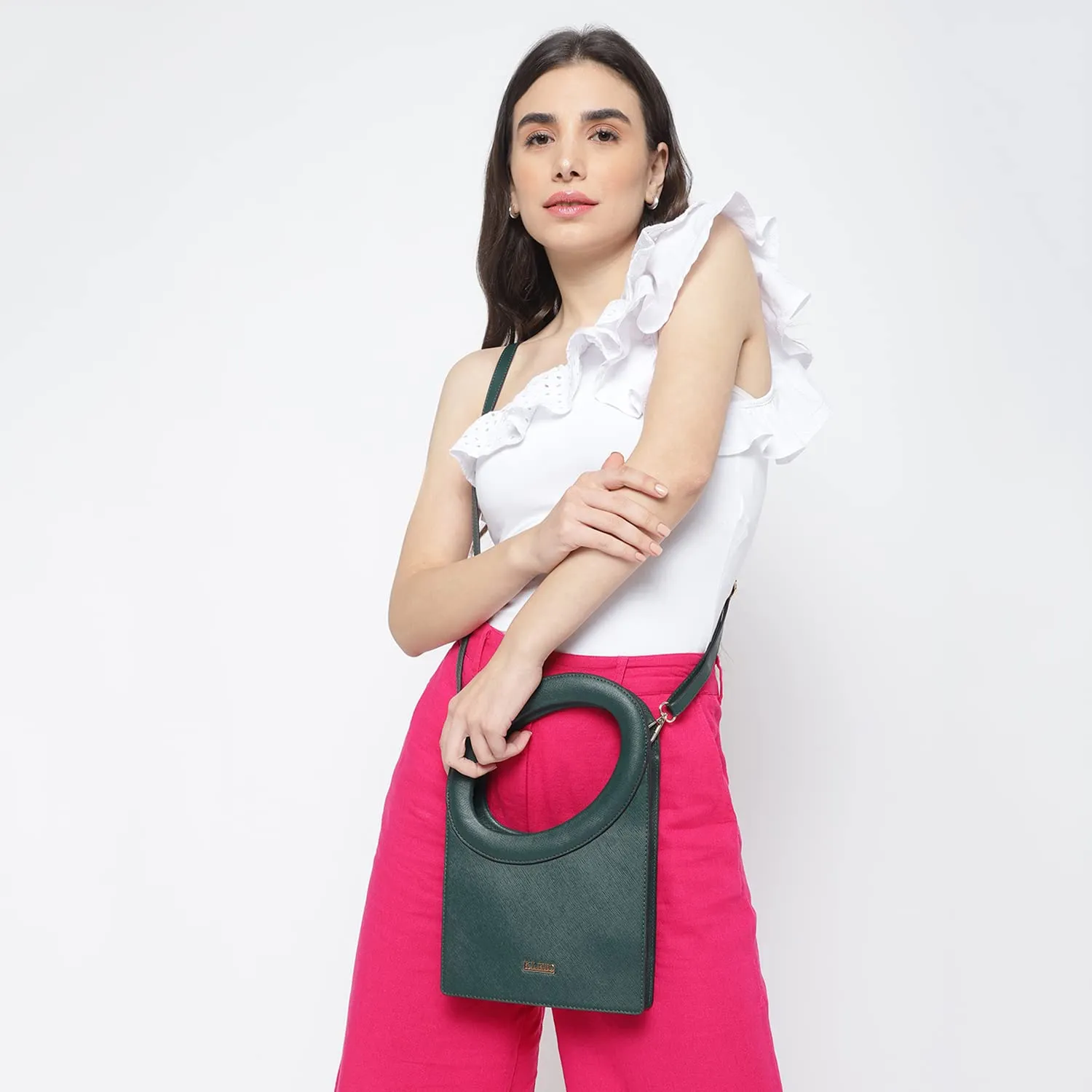 KLEIO Faux Leather Scupltural Shaped Top Handle Handbag with Detachable Sling for Women Ladies(HO9038KL-DG)(DARK GREEN)