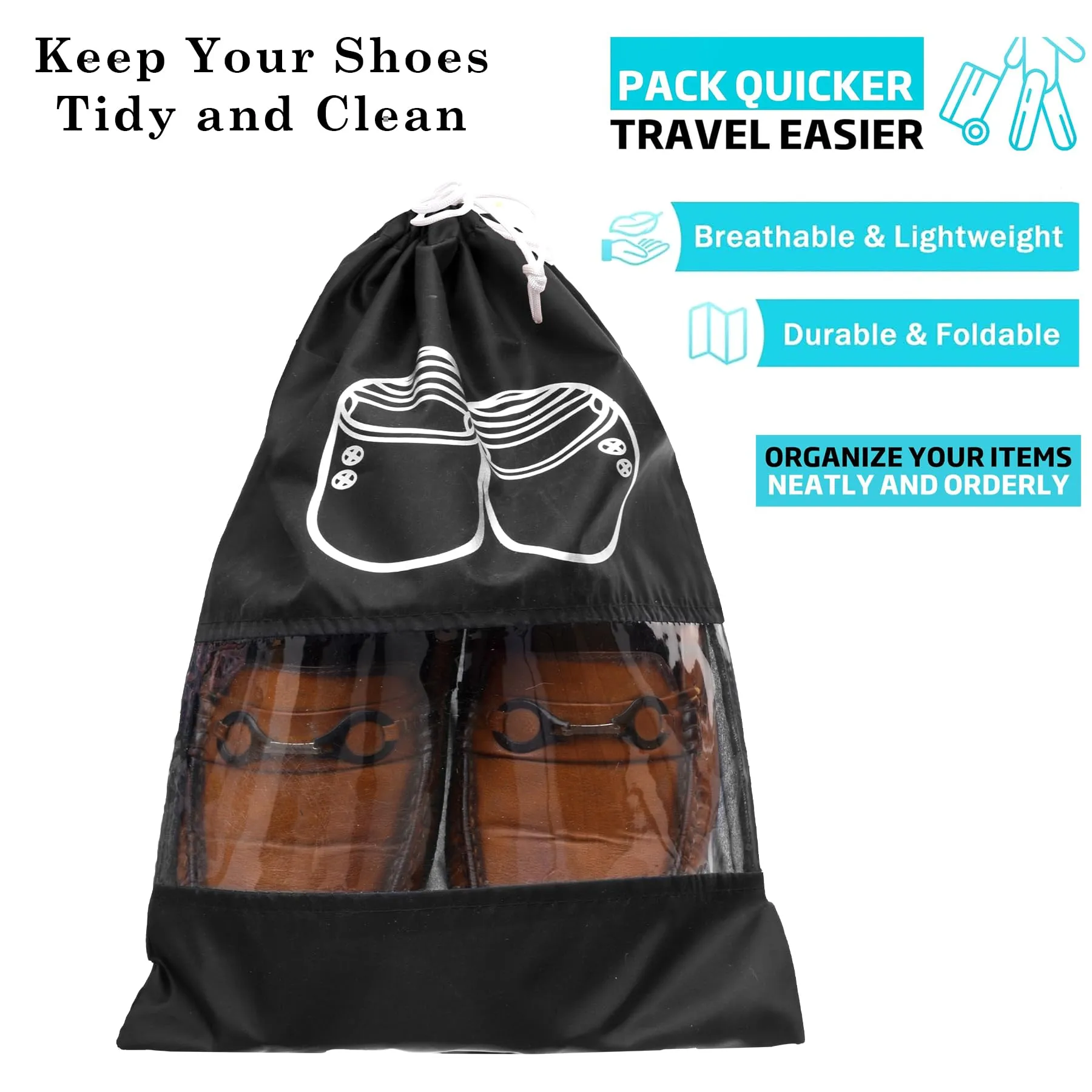 Kuber Industries Shoe Cover | Travel Shoe Storage Bags | Polyester Storage Bags | Drawstring Shoe Cover | Clear Transparent Shoe Storage Organizer | Pack of 18 | Black