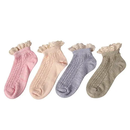 Lace Short Socks, Funcat Ladies Women Big Girl Gift Elastic Sheer Knitting Patterned Lolita Ankle Hosiery Socks 4 Pairs