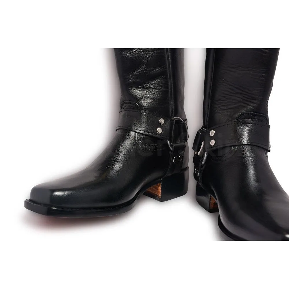 Men Black Leather Motorcycle Boots with Metal Hoops