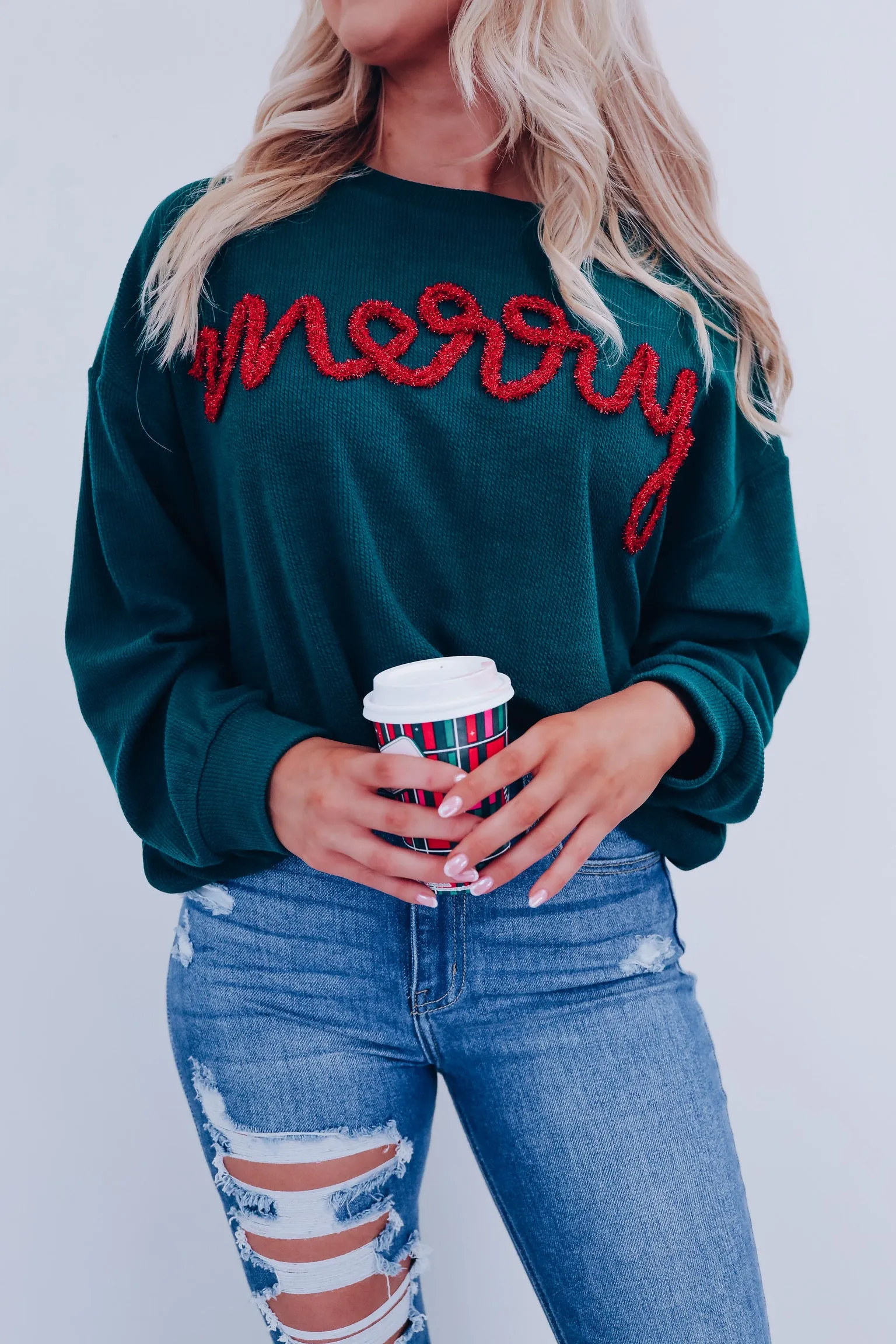 Merry Tinsel Ribbed Pullover - Dark Green