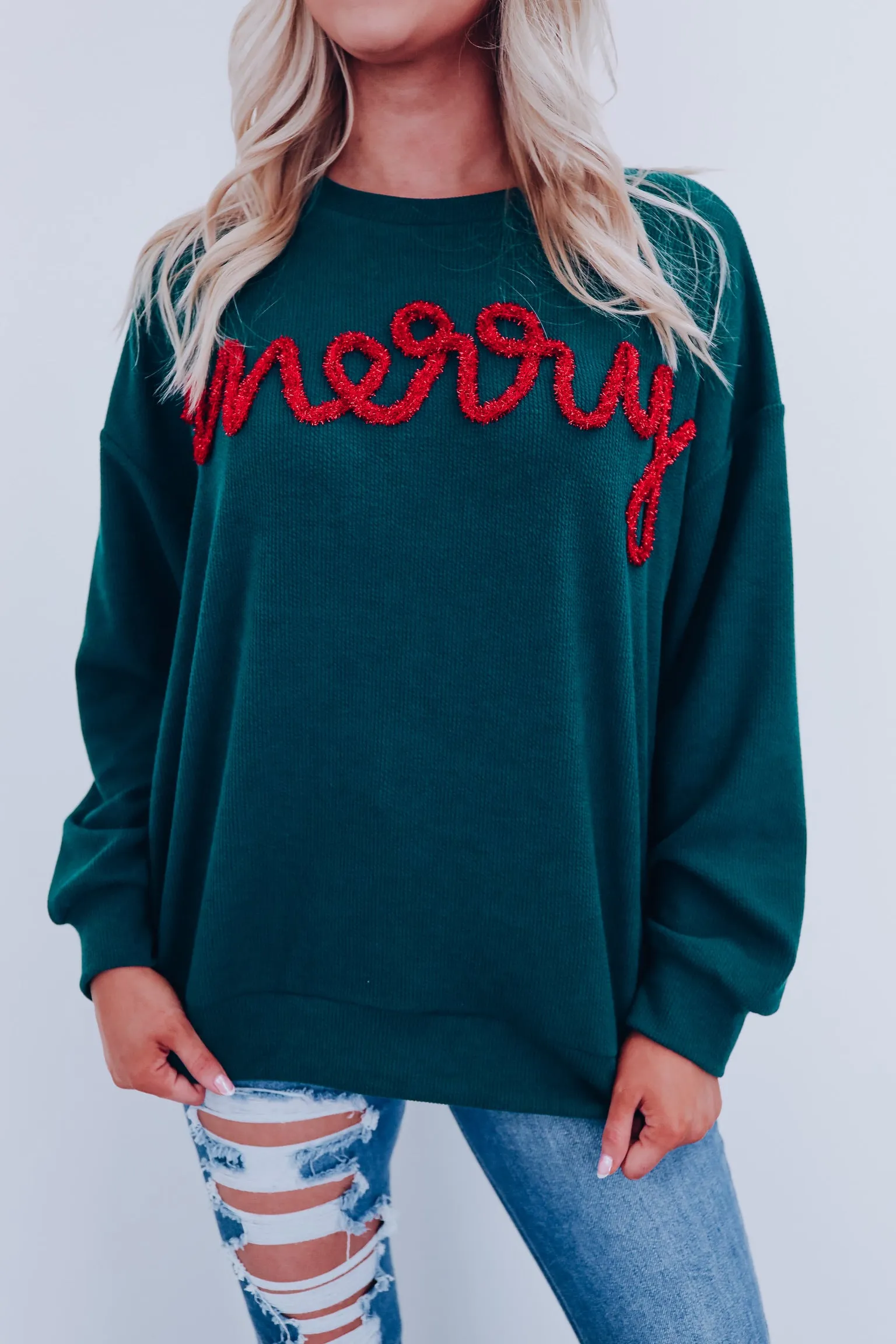 Merry Tinsel Ribbed Pullover - Dark Green