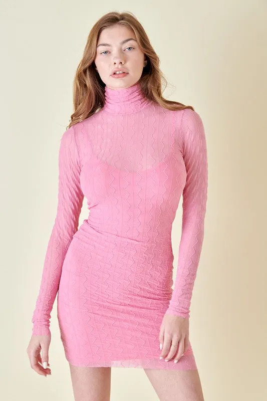 Mina Swirl Textured Mesh Sheer Mini Dress w/ Lining - Bubblegum