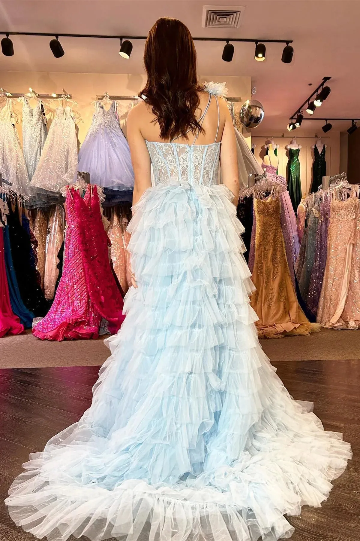 New Arrival One Shoulder Tulle Prom Dress with Lace, A Line Layers Formal Gown with Slit UQP0260