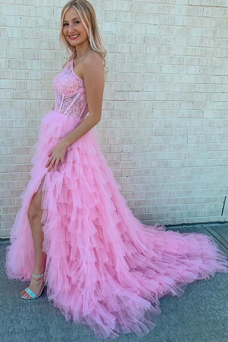 New Arrival One Shoulder Tulle Prom Dress with Lace, A Line Layers Formal Gown with Slit UQP0260