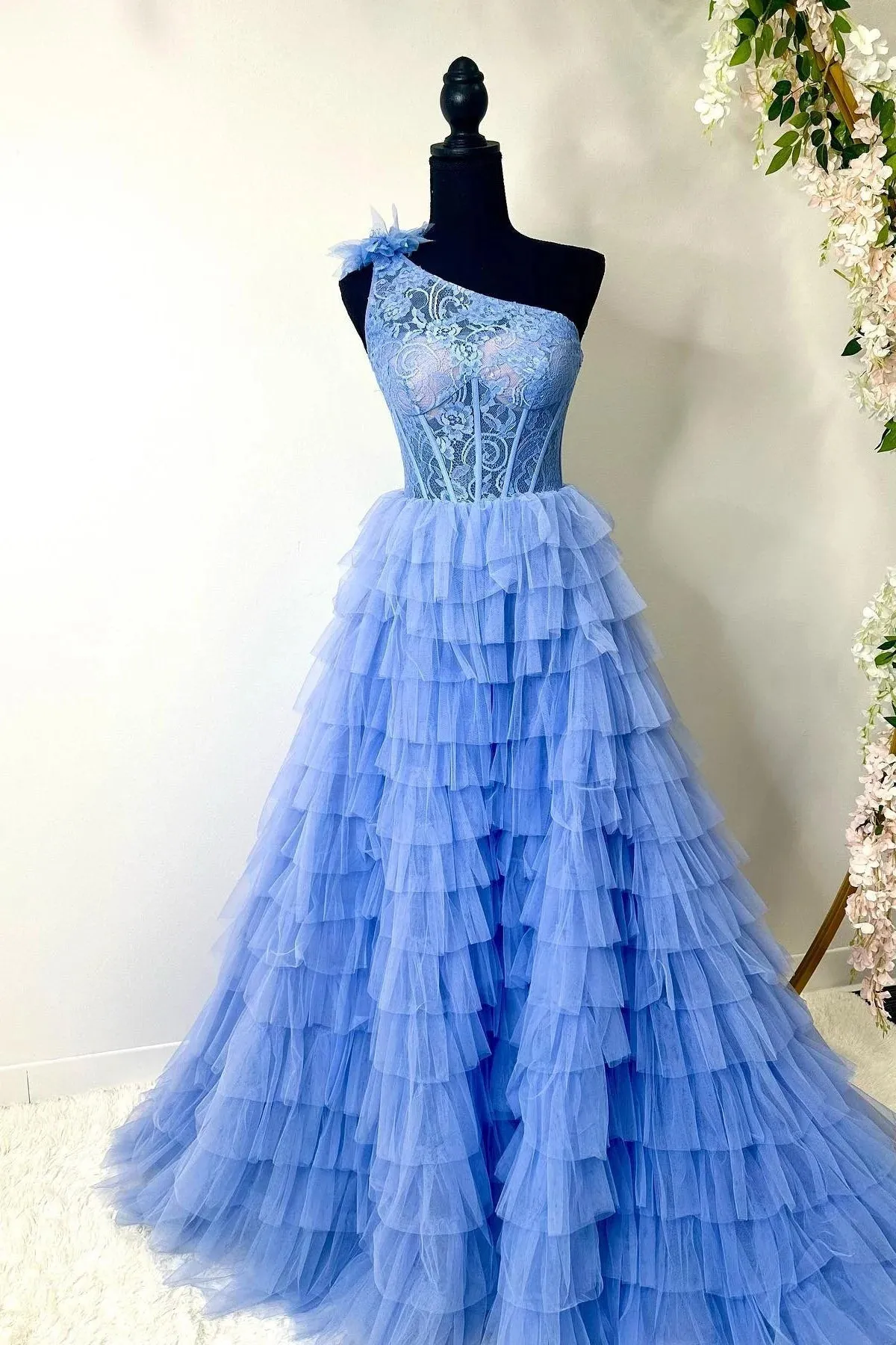 New Arrival One Shoulder Tulle Prom Dress with Lace, A Line Layers Formal Gown with Slit UQP0260