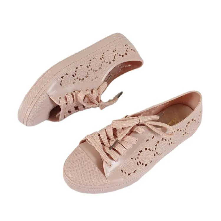 new fashion low-top shoes casual flat solid color hollow strap white shoes 2024