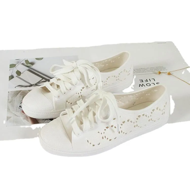 new fashion low-top shoes casual flat solid color hollow strap white shoes 2024