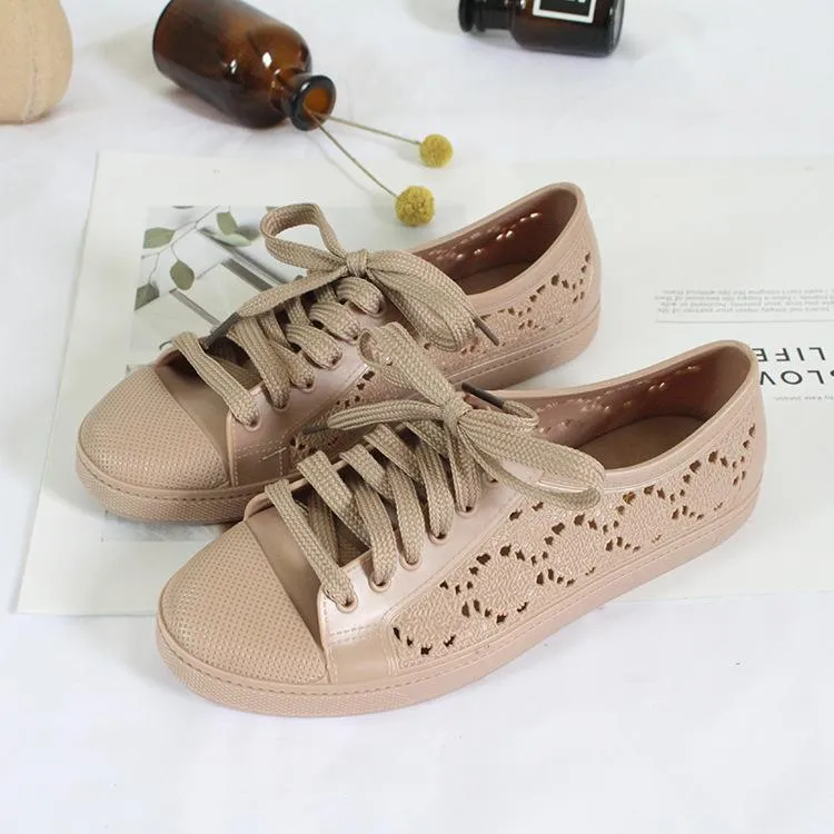 new fashion low-top shoes casual flat solid color hollow strap white shoes 2024