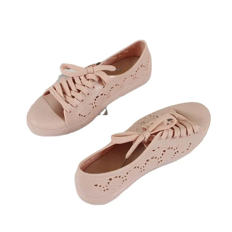 new fashion low-top shoes casual flat solid color hollow strap white shoes 2024