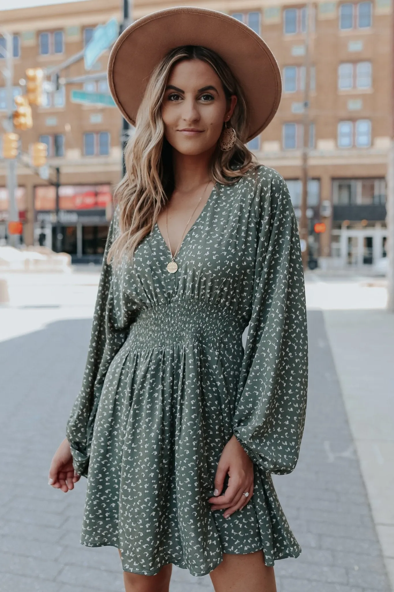 Olive Print V Neck Smocked Mini Dress - FINAL SALE