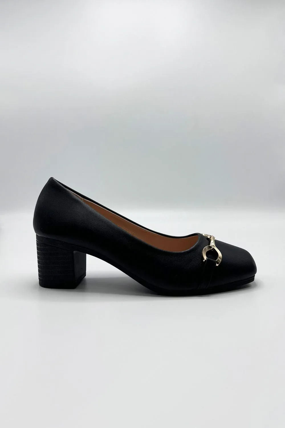 Ophelia Gold Chain Detail Block Heel Court Shoes in Black