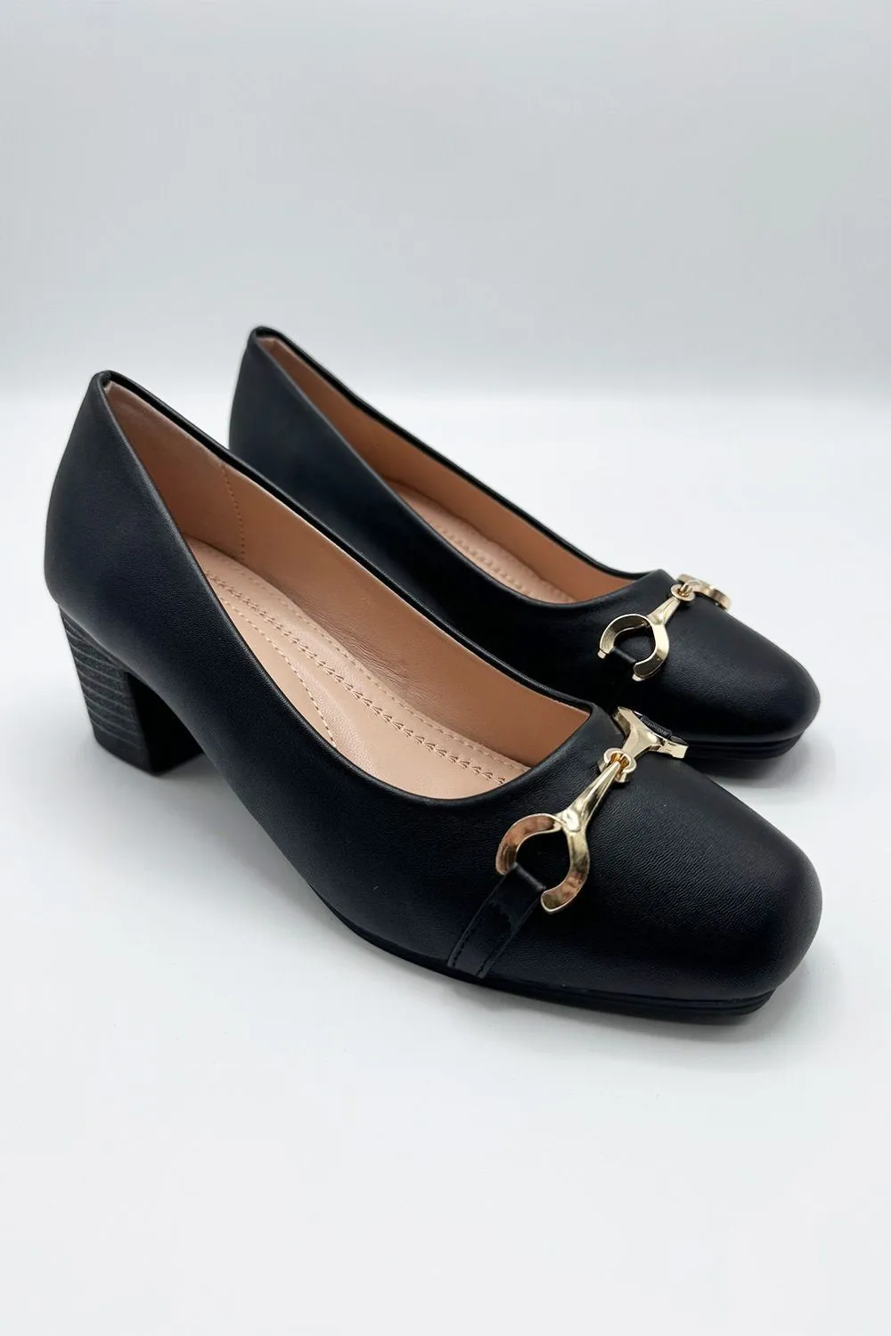 Ophelia Gold Chain Detail Block Heel Court Shoes in Black