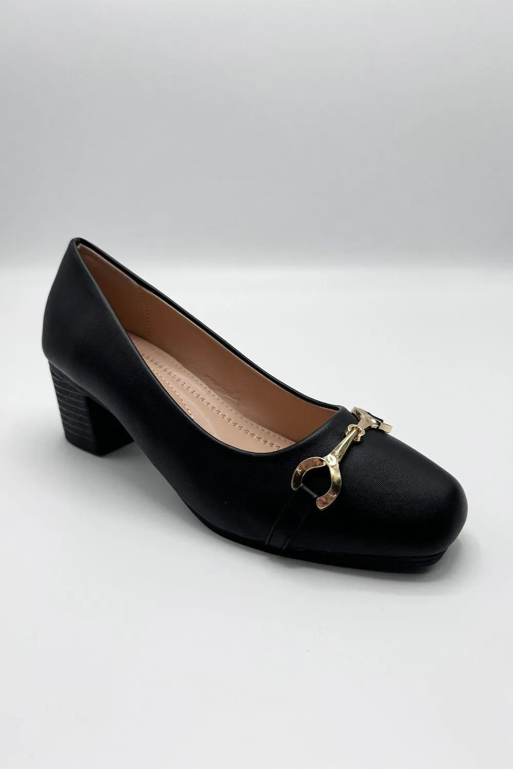 Ophelia Gold Chain Detail Block Heel Court Shoes in Black