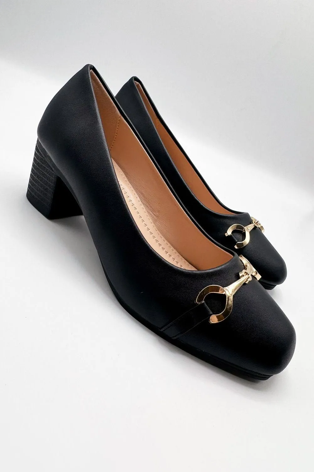 Ophelia Gold Chain Detail Block Heel Court Shoes in Black