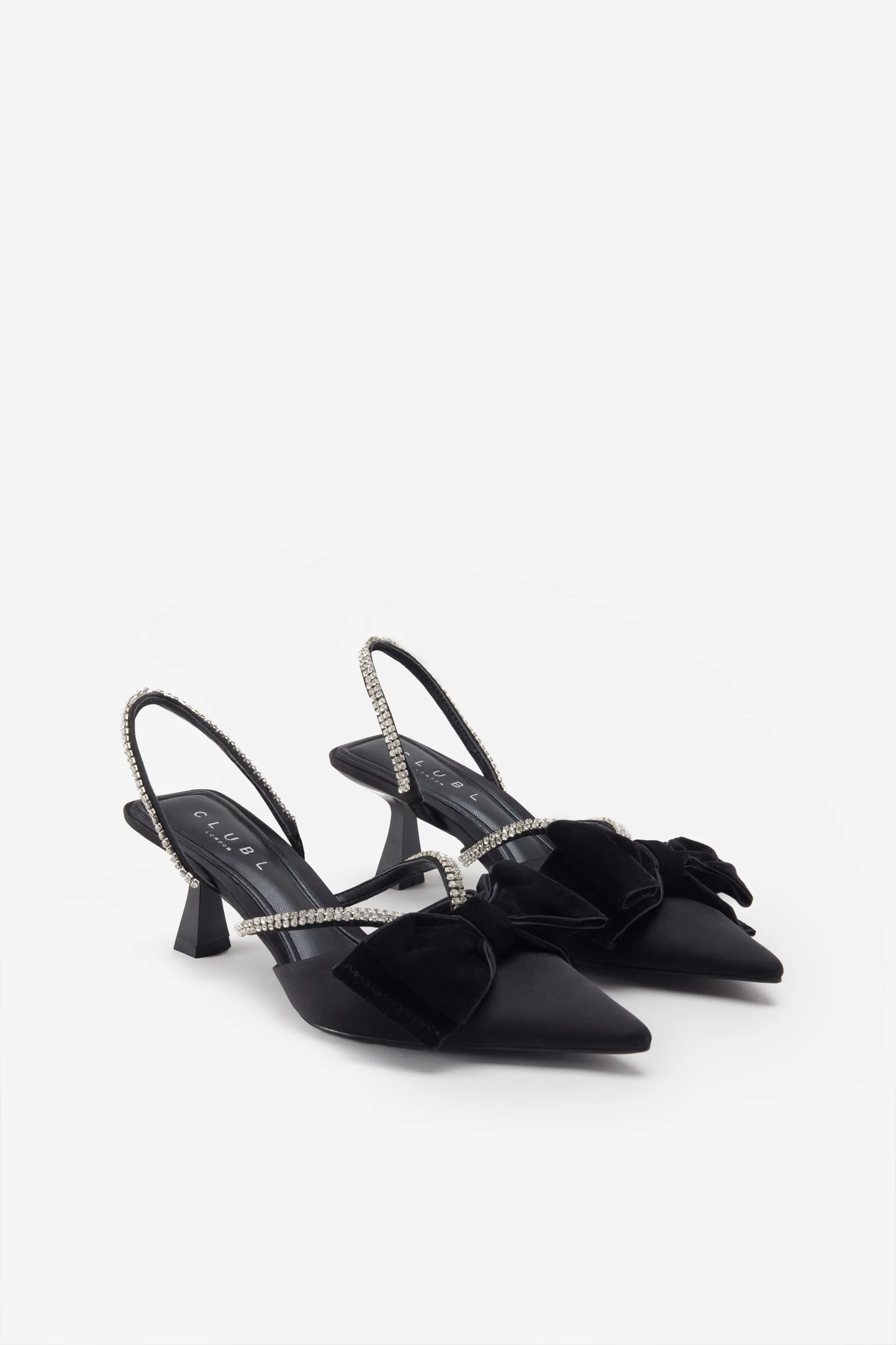 Pretty & Poised | Black Diamante Strap Sling Back Kitten Heels With Bows