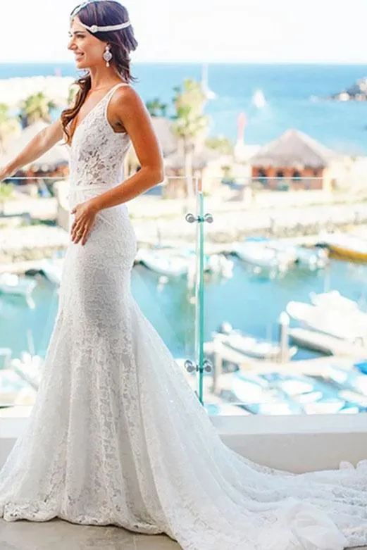 Romantic Deep V Neck Sleeveless Lace Wedding Dress, Mermaid Wedding Dresses with Train UQ2488