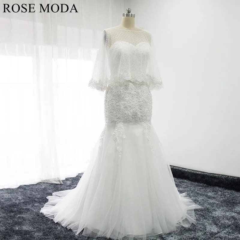 Rosemoda Lace Mermaid Wedding Dress With Removable Cape