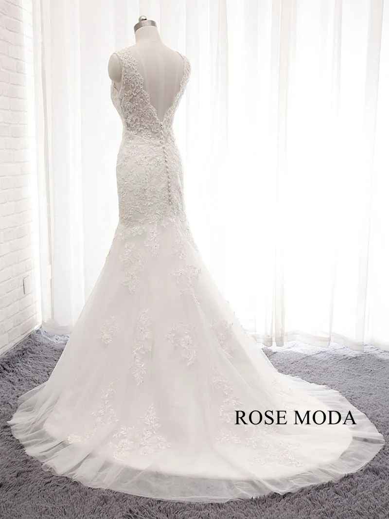 Rosemoda Scallop V Neckline Lace Fit and Flare Mermaid Wedding Dress