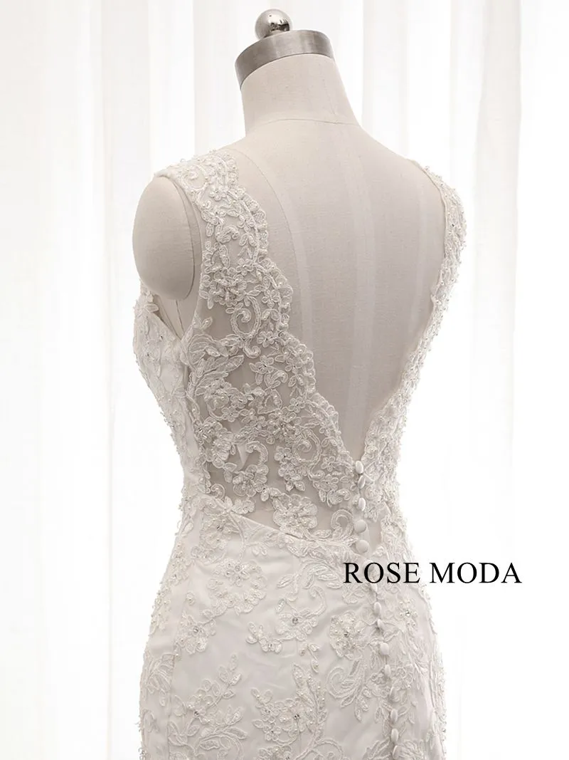 Rosemoda Scallop V Neckline Lace Fit and Flare Mermaid Wedding Dress