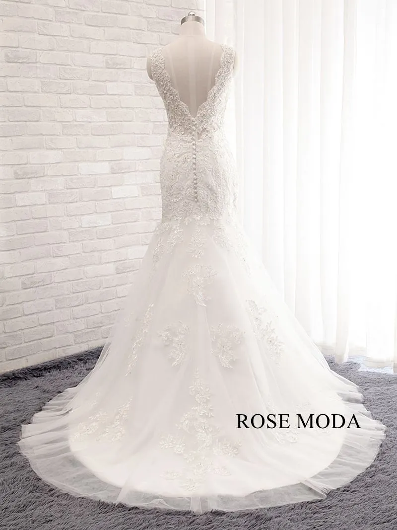 Rosemoda Scallop V Neckline Lace Fit and Flare Mermaid Wedding Dress