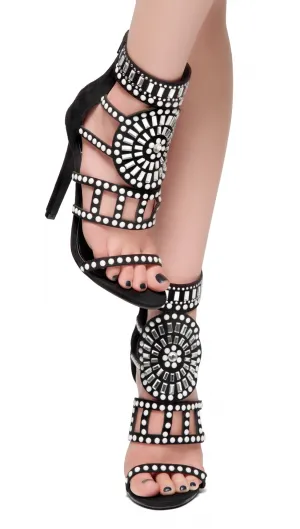 Royal Embellished Jewel Stiletto Open Toe Heel Black