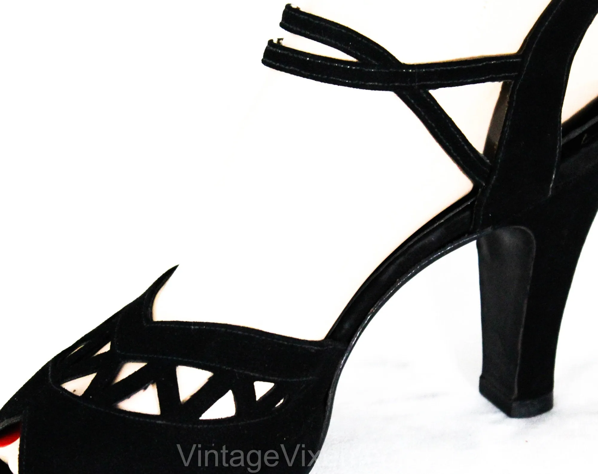 Size 5.5 1940s Shoes - Black Suede 40s Pin Up Style Platform Heels - WWII Era Zig Zag Geometric Peep Toes - 5 1/2 Narrow NOS 40's Deadstock