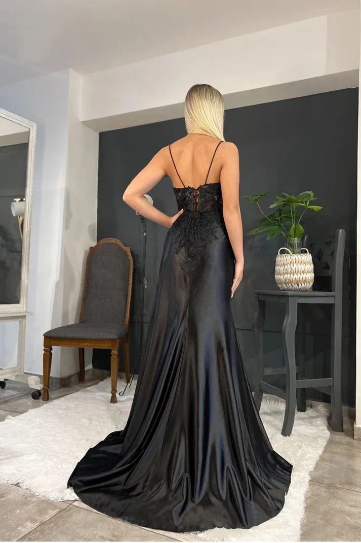 Spaghetti Straps Appliques Side Split Black Long Prom Dress  PSK440