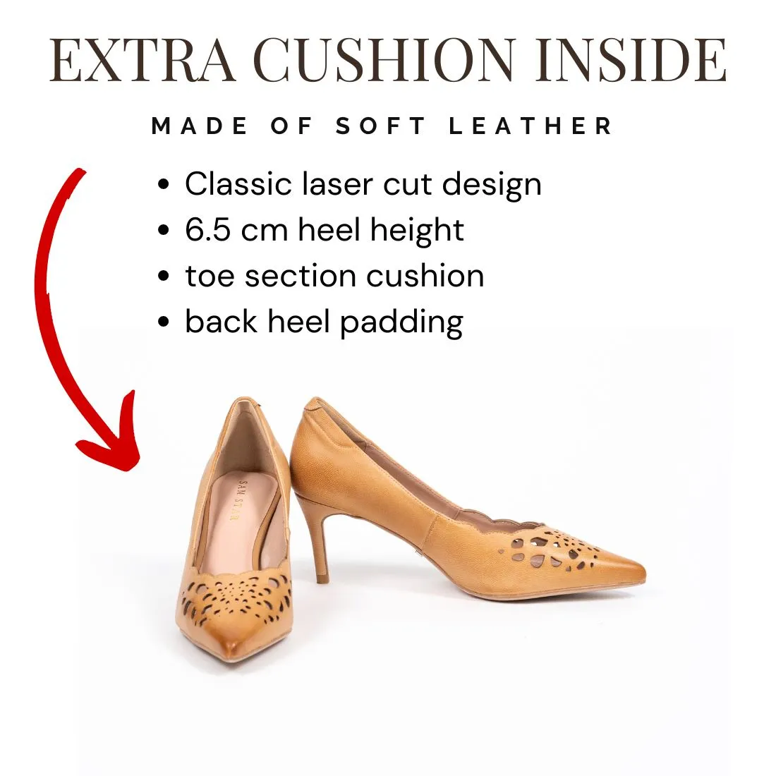 SS23008 Laser Cut Leather Court Shoes with extra cushion in Tan