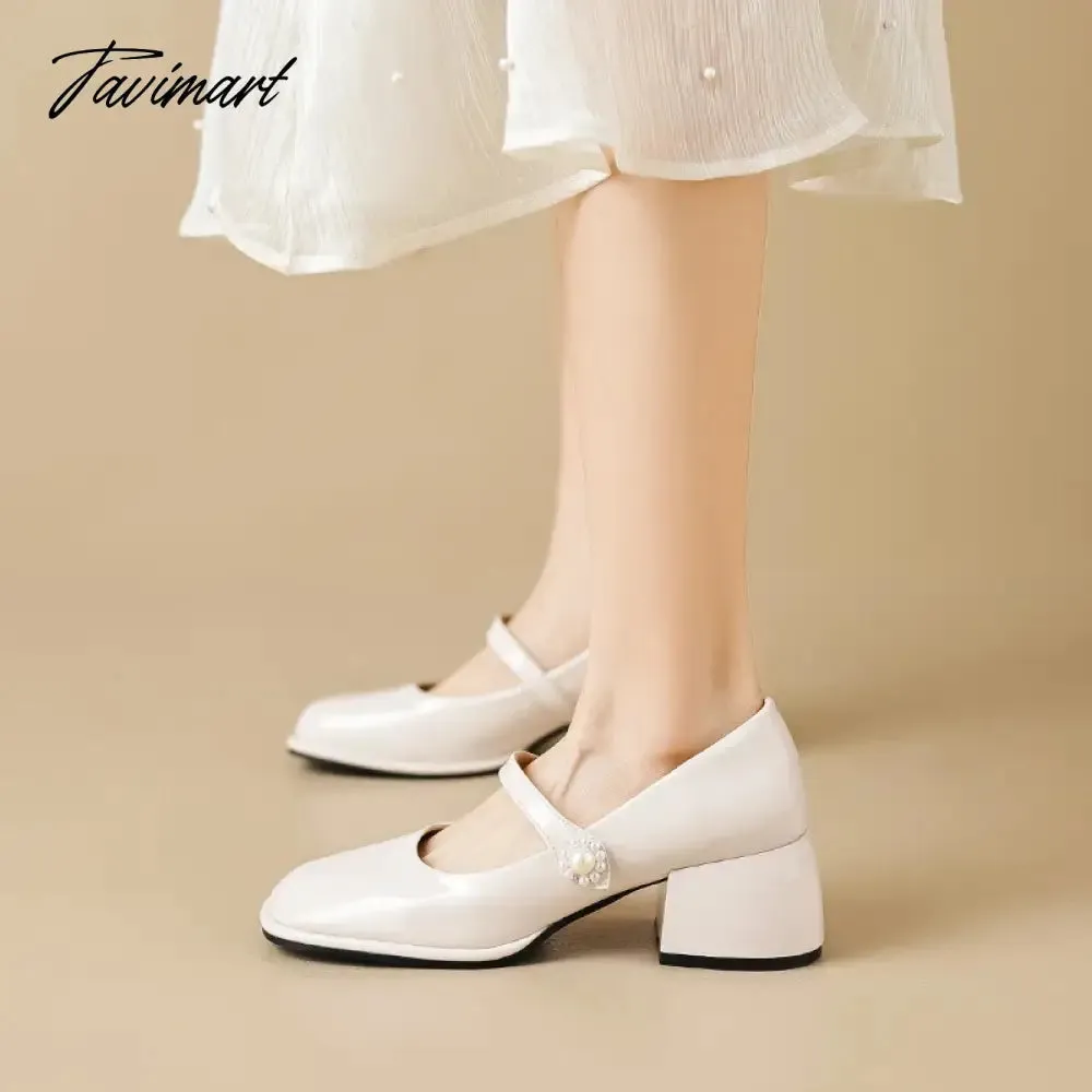 TAVIMART -  spring women's shoes ladies high heels Casual Mary Janes white square toe design career and commuting Korean style 41-43