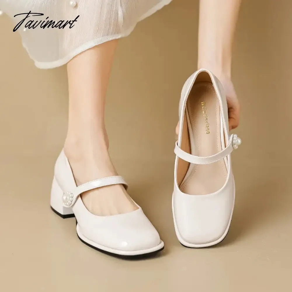 TAVIMART -  spring women's shoes ladies high heels Casual Mary Janes white square toe design career and commuting Korean style 41-43