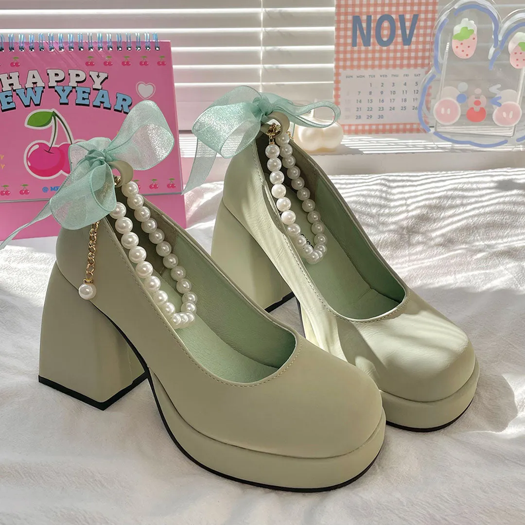 Uniwim Bow Green Chunky Heels Shoes SE22633