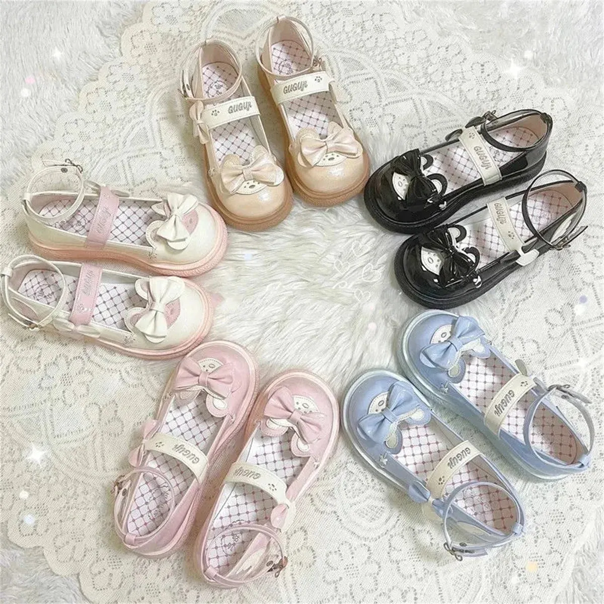 Uniwim Japanese Sweet Lolita Cosplay Girls Shoes Cute Loli Round Head Bear Embroidery Letters Cat Claw Bow Strap Flat Bottom Pu Shoes