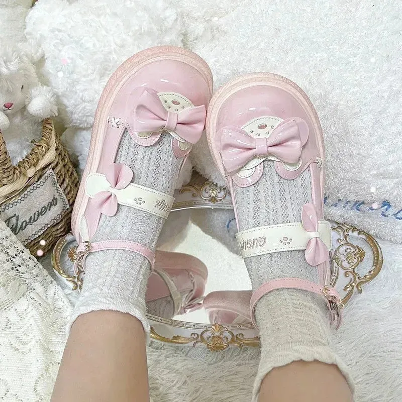 Uniwim Japanese Sweet Lolita Cosplay Girls Shoes Cute Loli Round Head Bear Embroidery Letters Cat Claw Bow Strap Flat Bottom Pu Shoes