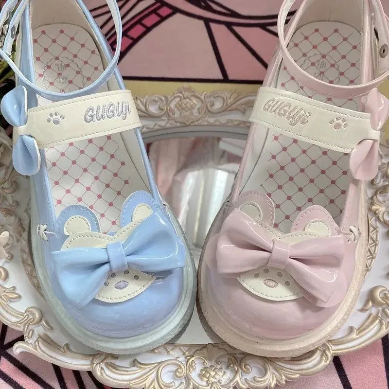 Uniwim Japanese Sweet Lolita Cosplay Girls Shoes Cute Loli Round Head Bear Embroidery Letters Cat Claw Bow Strap Flat Bottom Pu Shoes