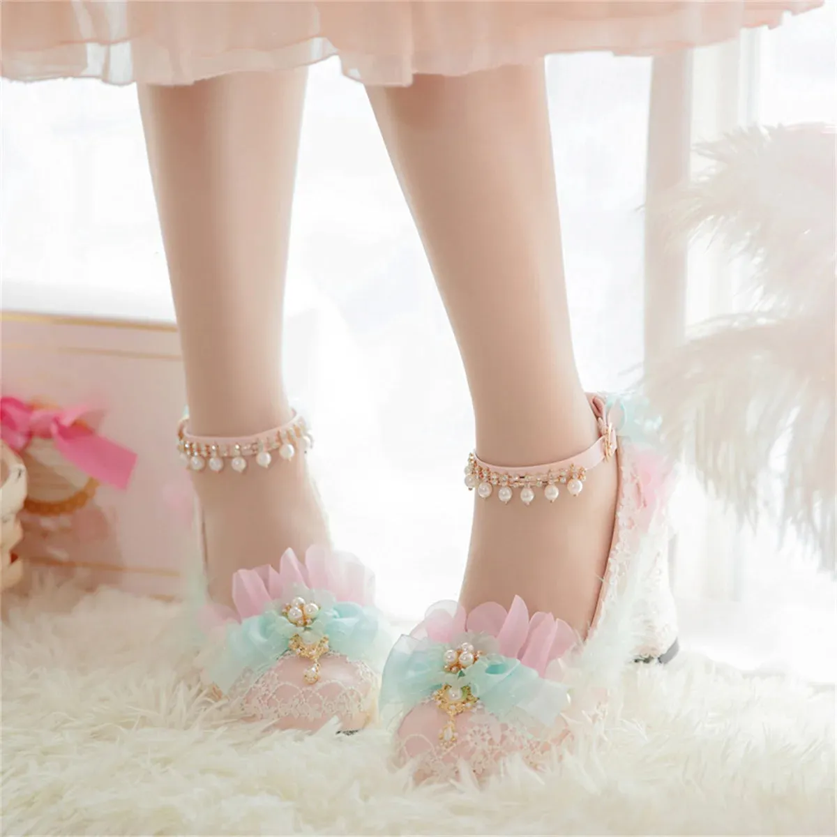 Uniwim Japanese Sweet Style Lolita Shoes Wedding Girls Cosplay Tea Party Elegant Pearls Ribbon Bowknot Lace Flower 8cm High Heel Shoes