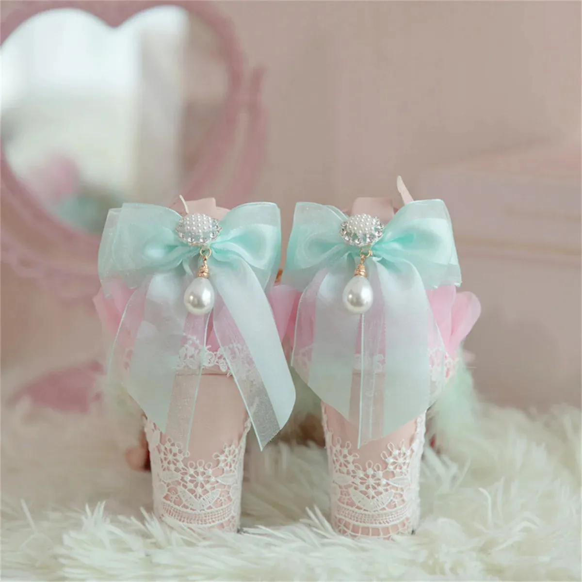 Uniwim Japanese Sweet Style Lolita Shoes Wedding Girls Cosplay Tea Party Elegant Pearls Ribbon Bowknot Lace Flower 8cm High Heel Shoes