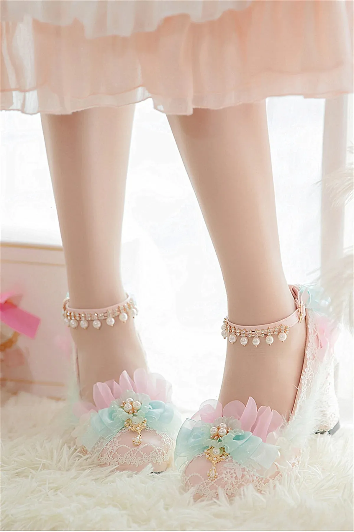 Uniwim Japanese Sweet Style Lolita Shoes Wedding Girls Cosplay Tea Party Elegant Pearls Ribbon Bowknot Lace Flower 8cm High Heel Shoes